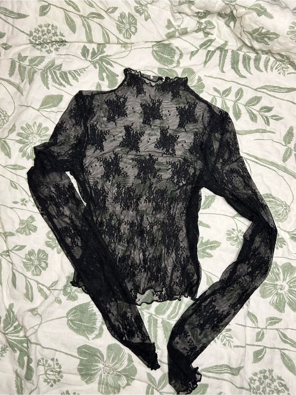 Garage Black Sheer Lace Long-Sleeve Mock Neck Top